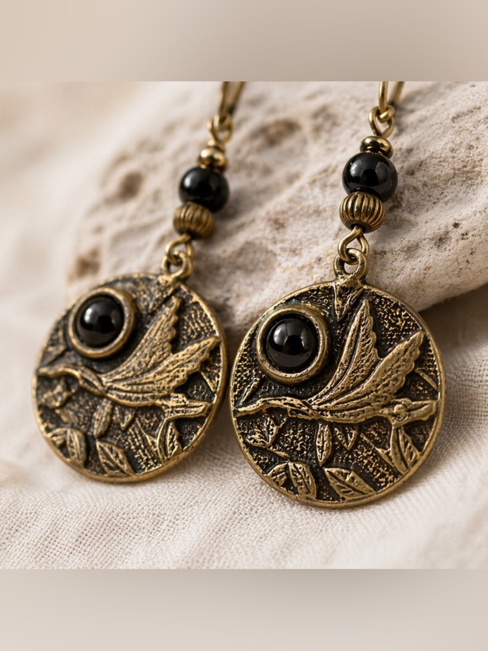 Antique Bronze Bird Earrings Black Stone Dangle Boho Lightweight - Picture 5 of 9